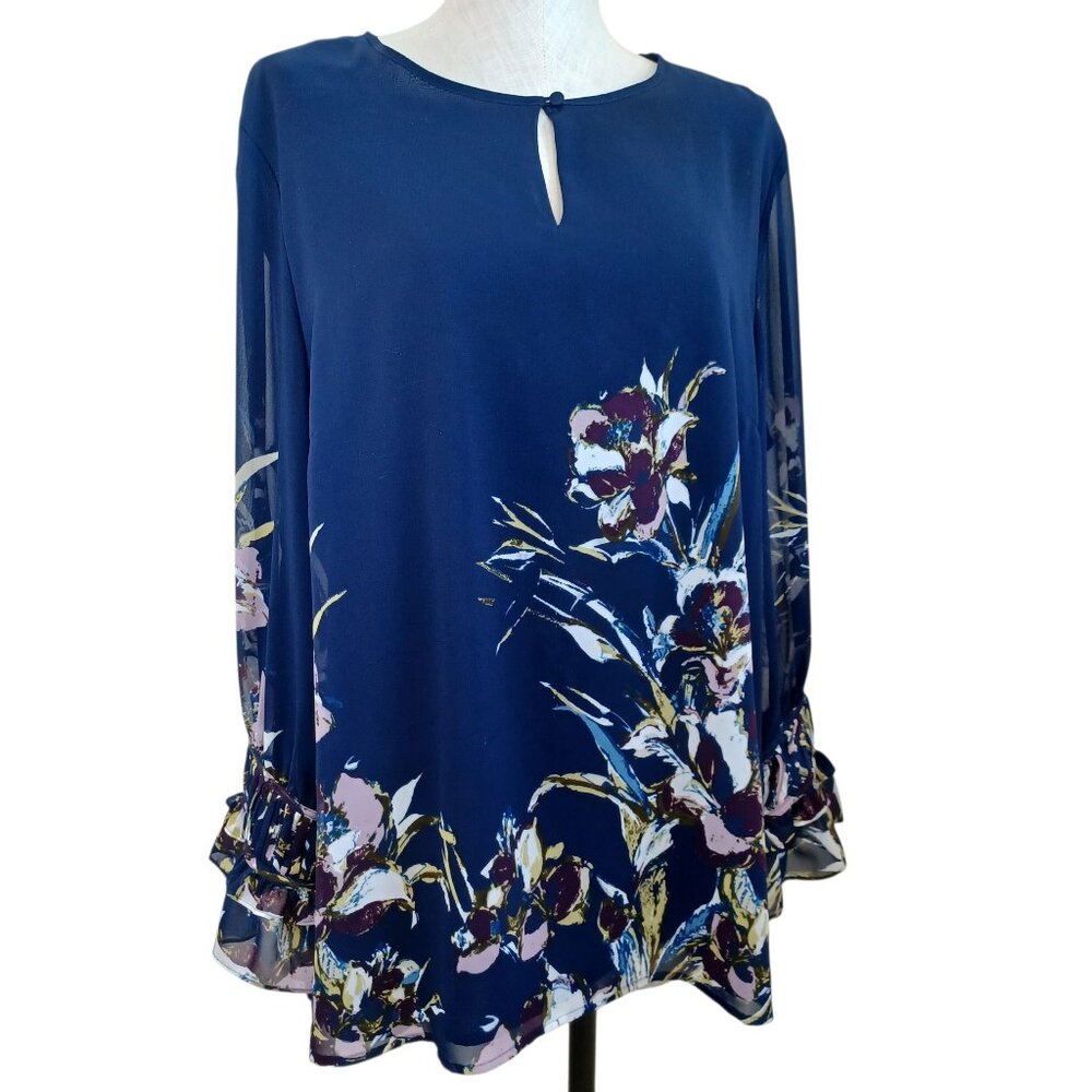 Chicos Navy Blue Floral Chiffon Blouse Sheer Long Sleeve Pleated Ruffle Cuff Top